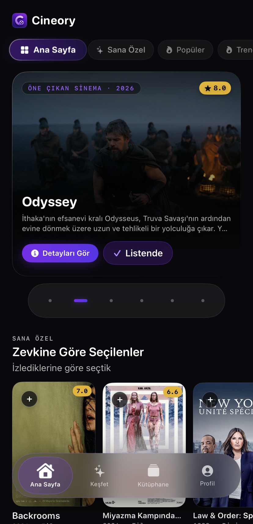 Cineory home screen showing Odyssey and Picked For Your Taste