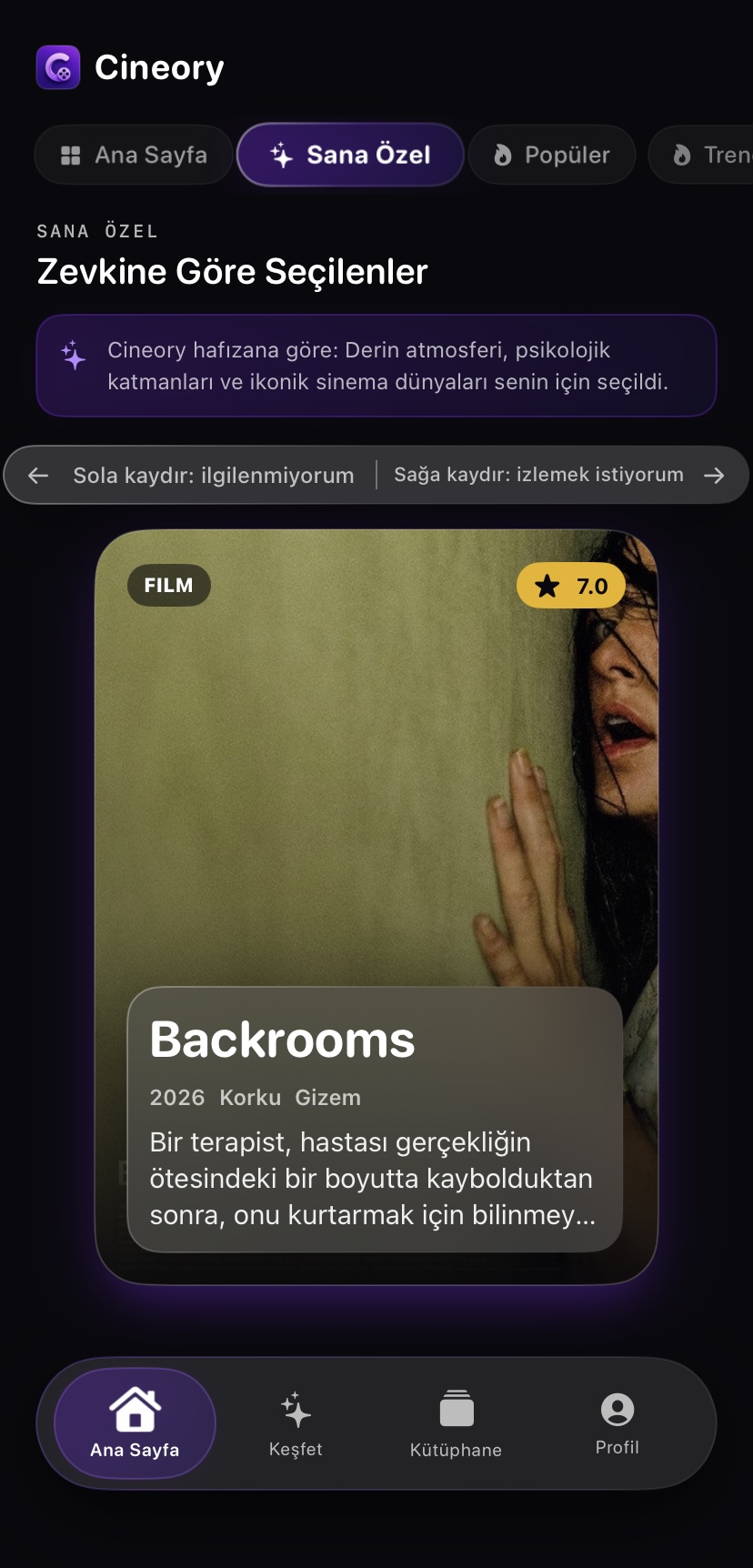 Backrooms recommendation on the Cineory For You screen