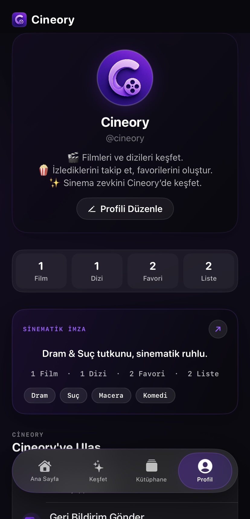 Cineory user profile and Cinematic Signature screen