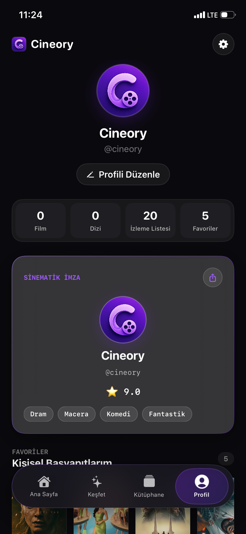 Cineory kullanıcı profili ekranı